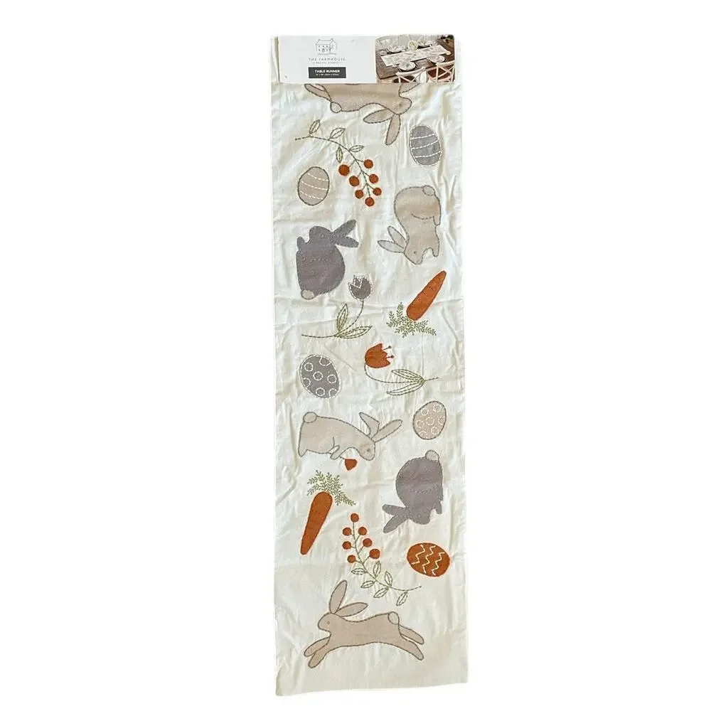 The Farmhouse Easter Bunny Rabbit Table Runner 14x48 Beige Embroidered New